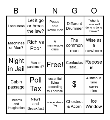 Thoreau Bingo Card
