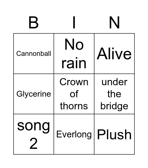 Grunge music Bingo Card