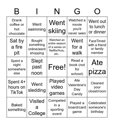 February Vacation Bingo Card
