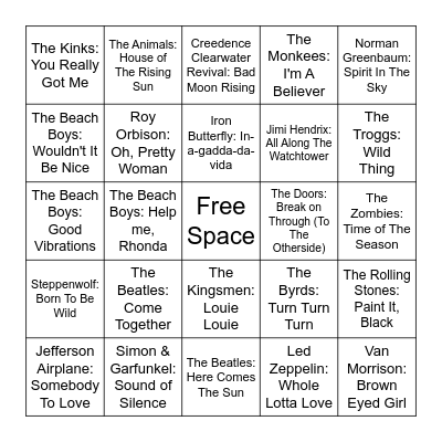 1960s Bingo Card