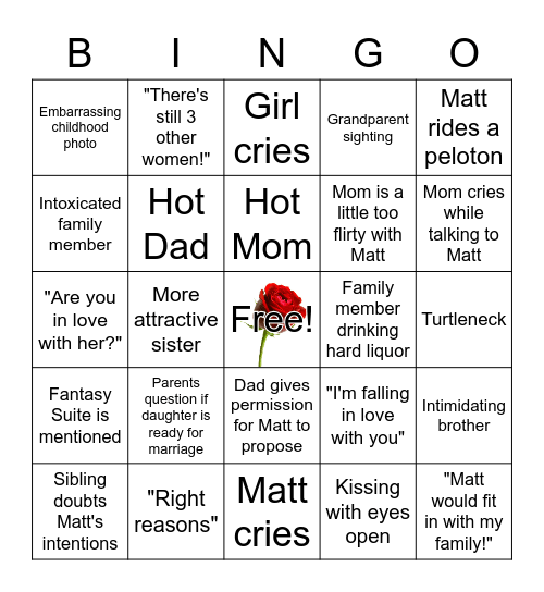 Matt James Hometown Bingo Card