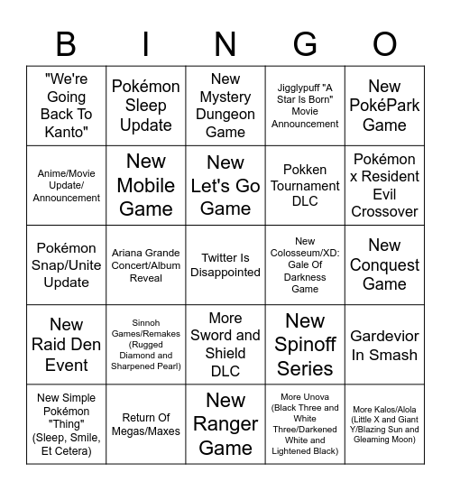 Pokémon Week Predictions, Hopes, and Dreams Bingo Card