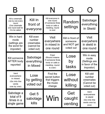 Among Us Bingo Card