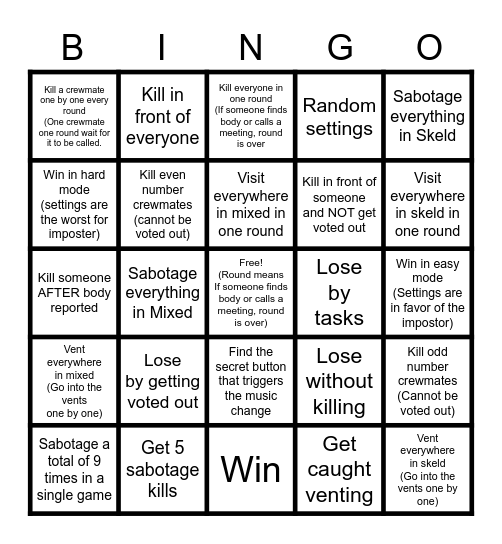 Among Us Bingo Card