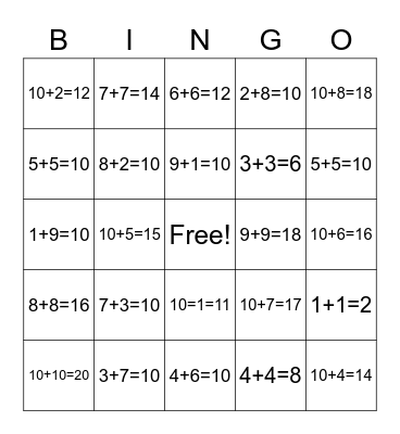 Math Facts Bingo Card