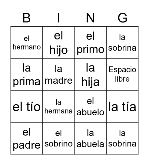 Familia Bingo Card