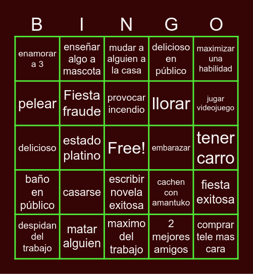 SIMS 2 BINGO Card