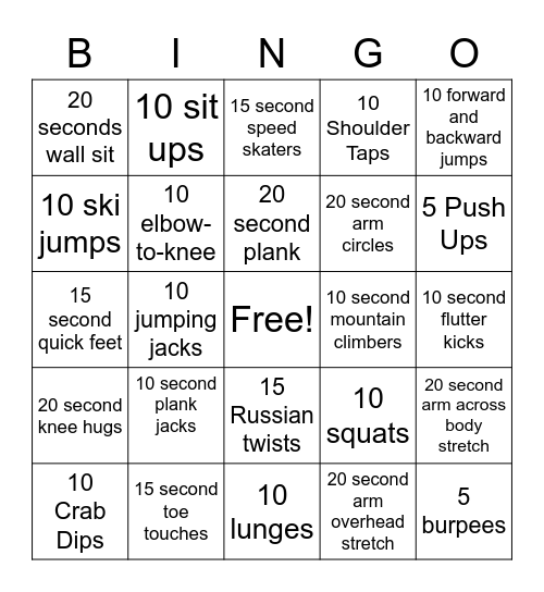 Fitness Fun! Bingo Card