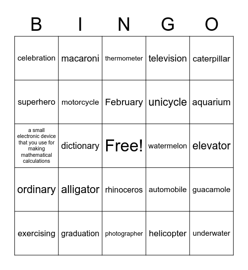 4 Syllable Words Bingo Card