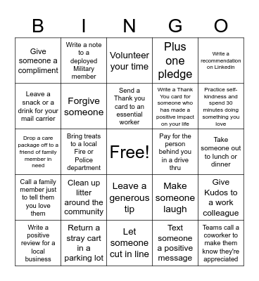 Random Acts of Kindness Bingo Card