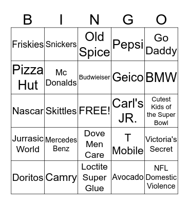 Super Bowl Commericals Bingo Card