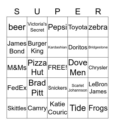 Super Bowl Commericals Bingo Card