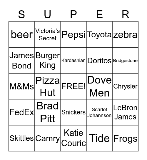 Super Bowl Commericals Bingo Card