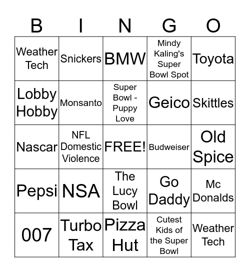 Super Bowl Commericals Bingo Card