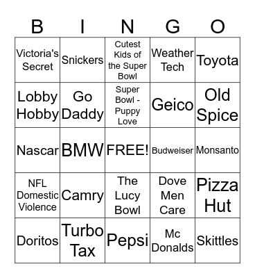 Super Bowl Commericals Bingo Card