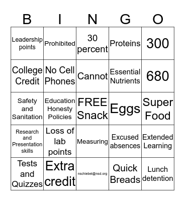 Food & Nutrition Syllabus Bingo Card