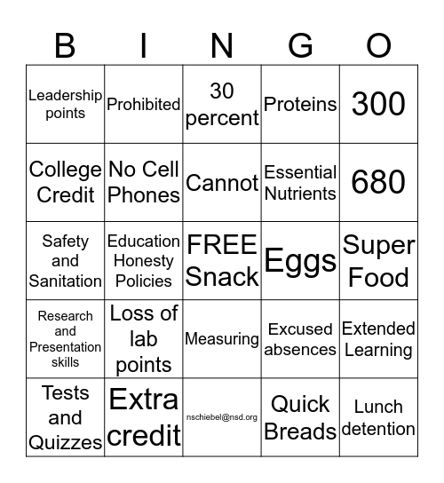 Food & Nutrition Syllabus Bingo Card