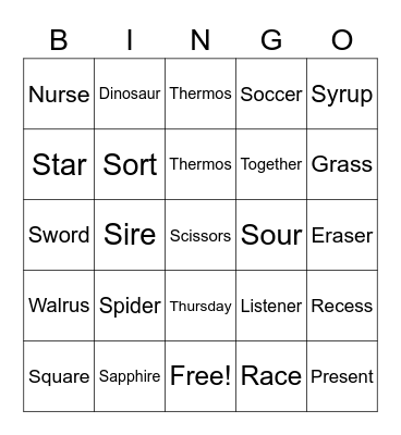 R and S Bingo Card