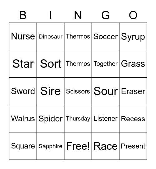 R and S Bingo Card