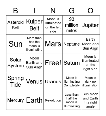 Moon Phases and Planets Bingo Card