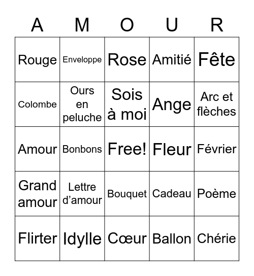 French Honors Valentine's Bingo Card