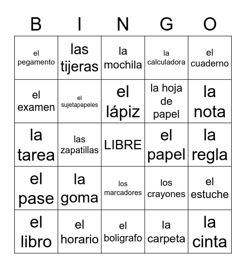 Las Cosas Para la Escuela Bingo Card