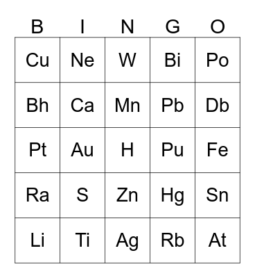 Periodic Table Bingo  Bingo Card
