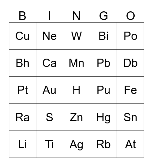 Periodic Table Bingo  Bingo Card