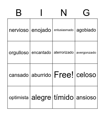 Basic Emotions Bingo Card