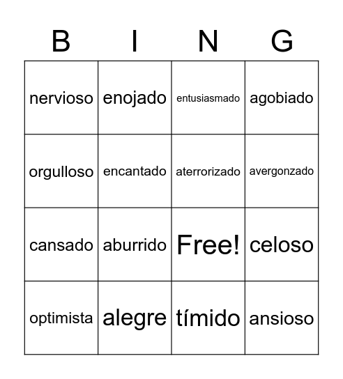 Basic Emotions Bingo Card