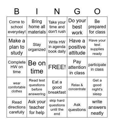 Study Skills  Bingo Card