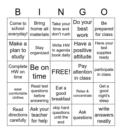 Study Skills  Bingo Card