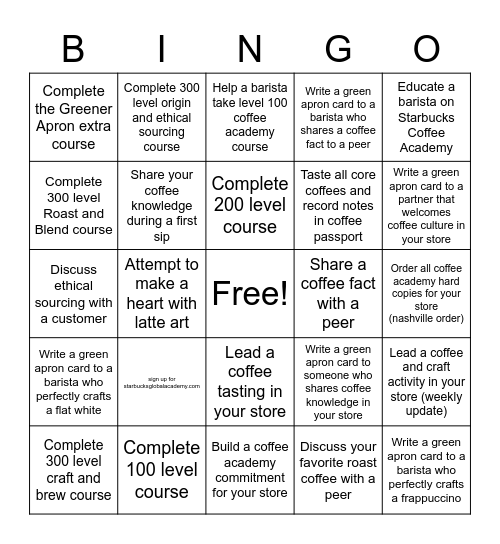 Starbucks Coffee Academy 30 day Challenge Bingo Card