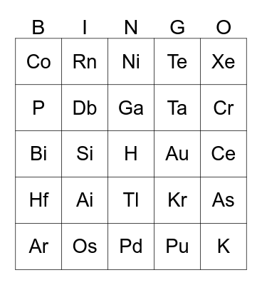 Periodic Table Bingo  Bingo Card
