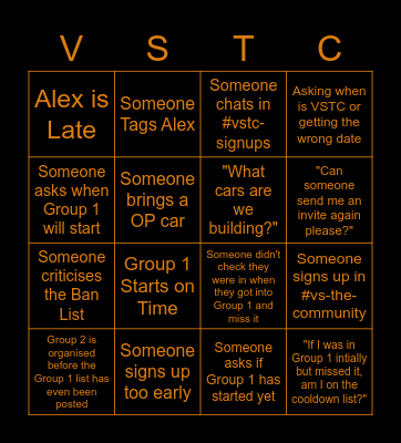 VSTC Bingo Card