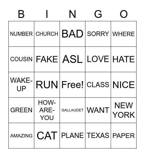 ASL Bingo Card