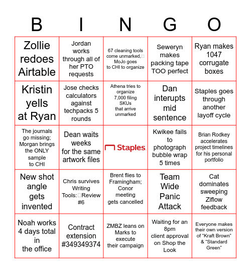 The Staples Team Chronicles Bingo Card