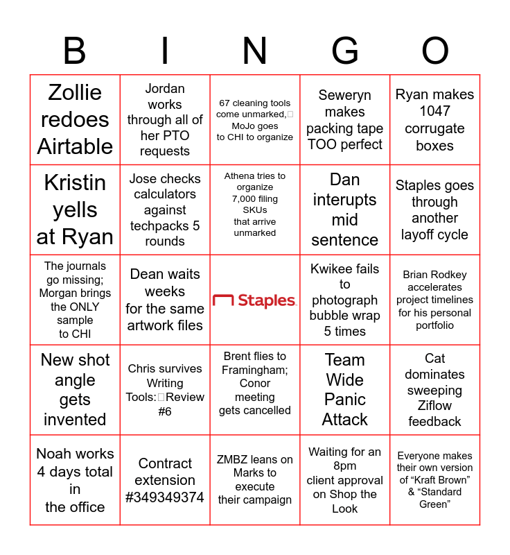 The Staples Team Chronicles Bingo Card