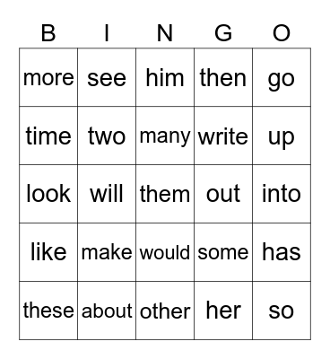 Sight words Bingo Card