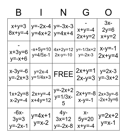 Solving Systems Of Equations By Graphing Bingo Card
