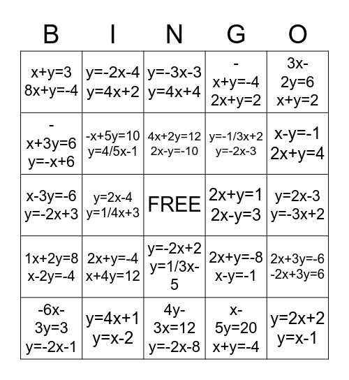 Solving Systems of Equations By Graphing Bingo Card