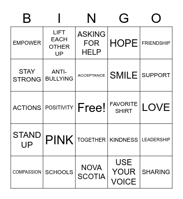 Pink Shirt Day Bingo Card