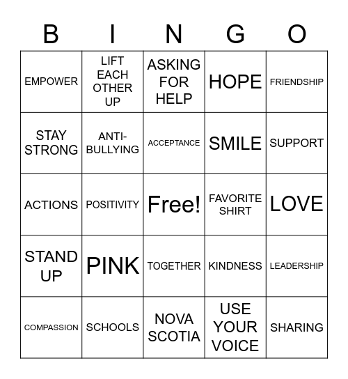 Pink Shirt Day Bingo Card