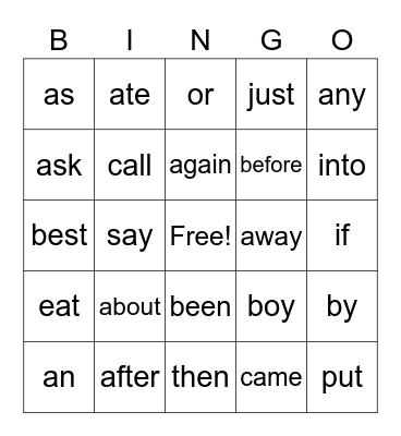Sight Words Bingo Card