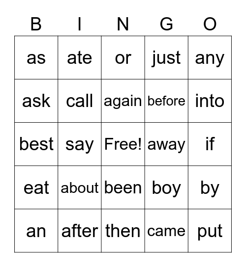Sight Words Bingo Card