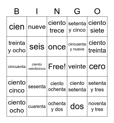 Los Numeros 100+ Bingo Card
