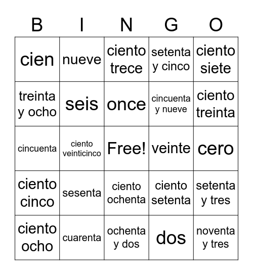 Los Numeros 100+ Bingo Card