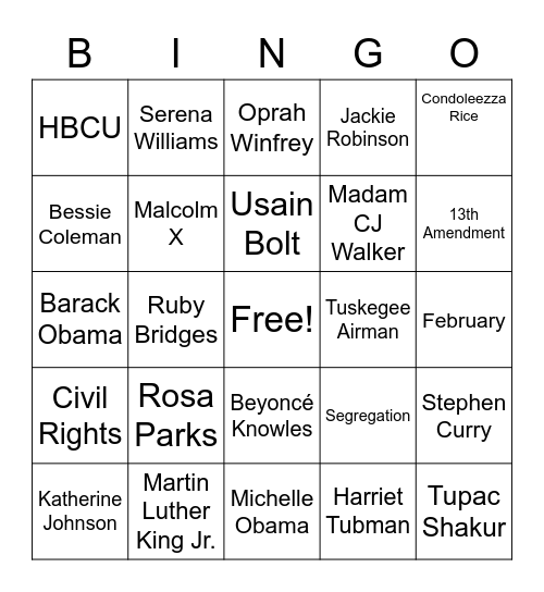 Hungerford's Black History Month Bingo Card