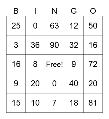 Multiplication BINGO Card