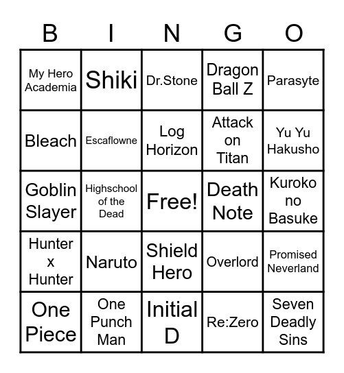 What Anime have you watched? Bingo Card